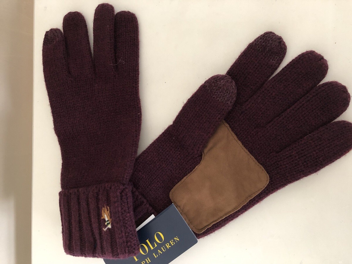 MENS AUTHENTIC RALPH LAUREN BURGUNDY WOOL TOUCH SCREEN GLOVES ONE