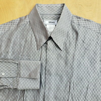 Rare Versace Silver Gray Cotton Blend Diamond Geometric All Over Shirt 16.5 EUC