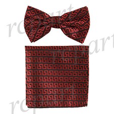 Men's Pre-tied Bow Tie hankie set patterned red black wedding party formal