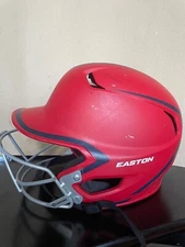 Easton red / blue trim batting helmet with chin strap and face mask installed