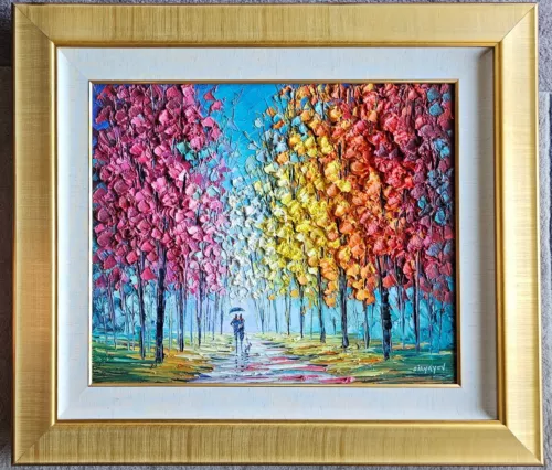 Slava Ilyayev ORIGINAL PAINTING Hand Signed oil impasto Dog Colorful tree art
