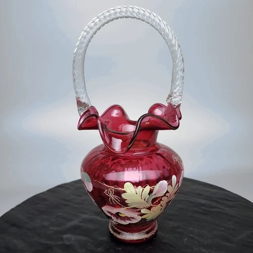 Fenton Glass Legacy Cranberry Basket 95th Anniv Signed Hand Painted Floral🌸