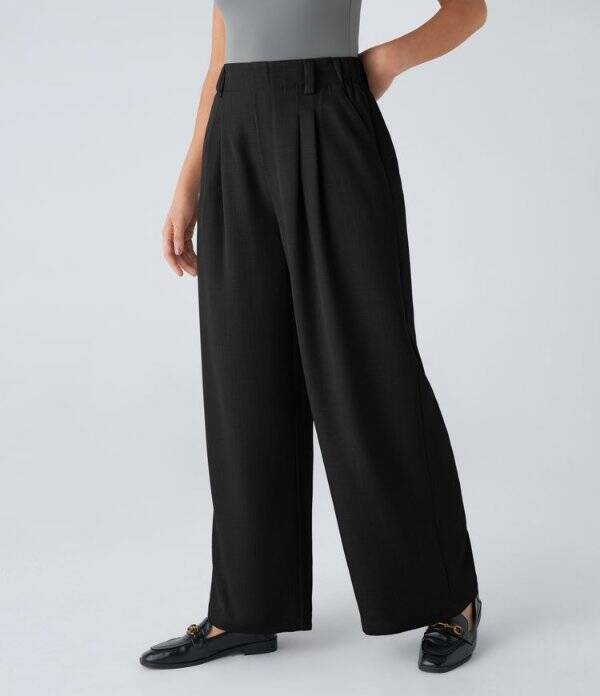 Black High Waisted Waffle Work Pants with Pockets by Halara Flex