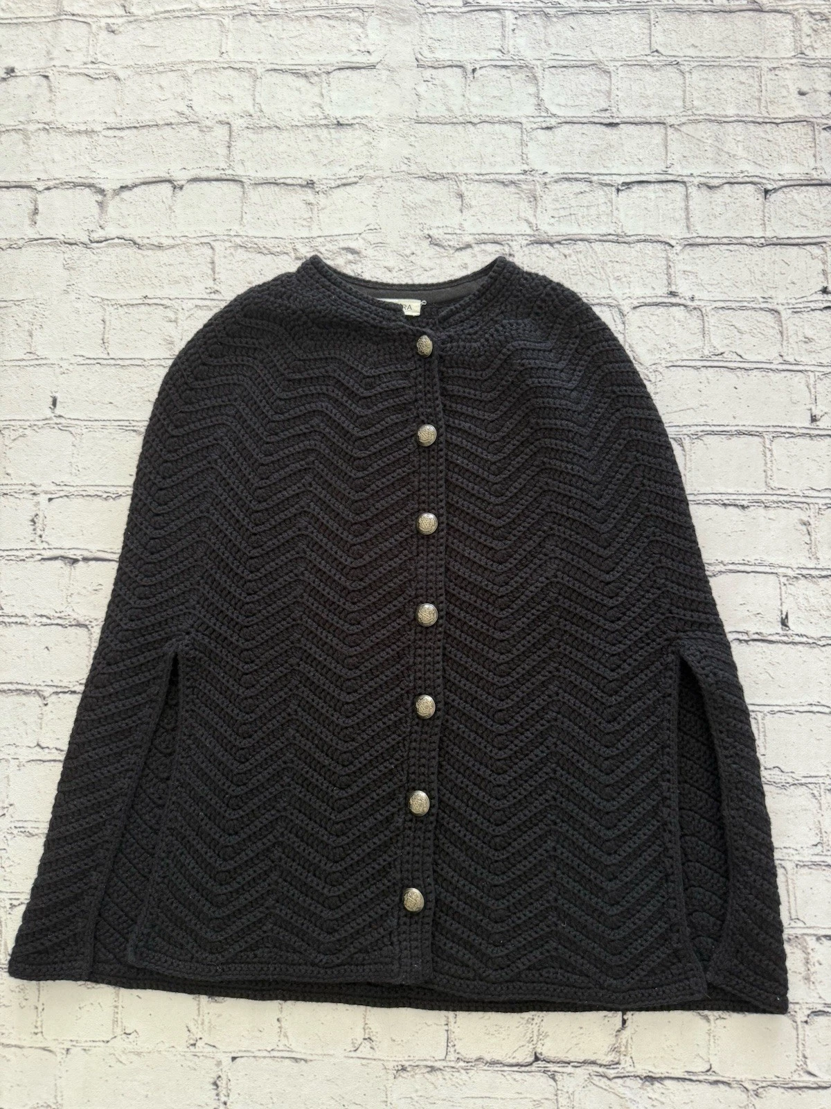 Generra Vintage Merino Wool Cotton Blend Knit Cape Poncho Black XS Sweater Women