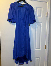 Lulus Blue Geometric V-Neck Flutter Short Sleeve Chiffon Lined Midi S