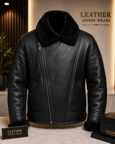 Men’s Black B3 Bomber Aviator Jacket Shearling Sheepskin Leather Pilot Flying image 2