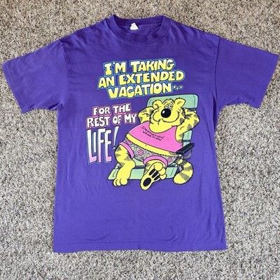 Vintage 1980s Lazy Cat Vacation Cartoon T-Shirt Purple Large Single Stitch FUNNY