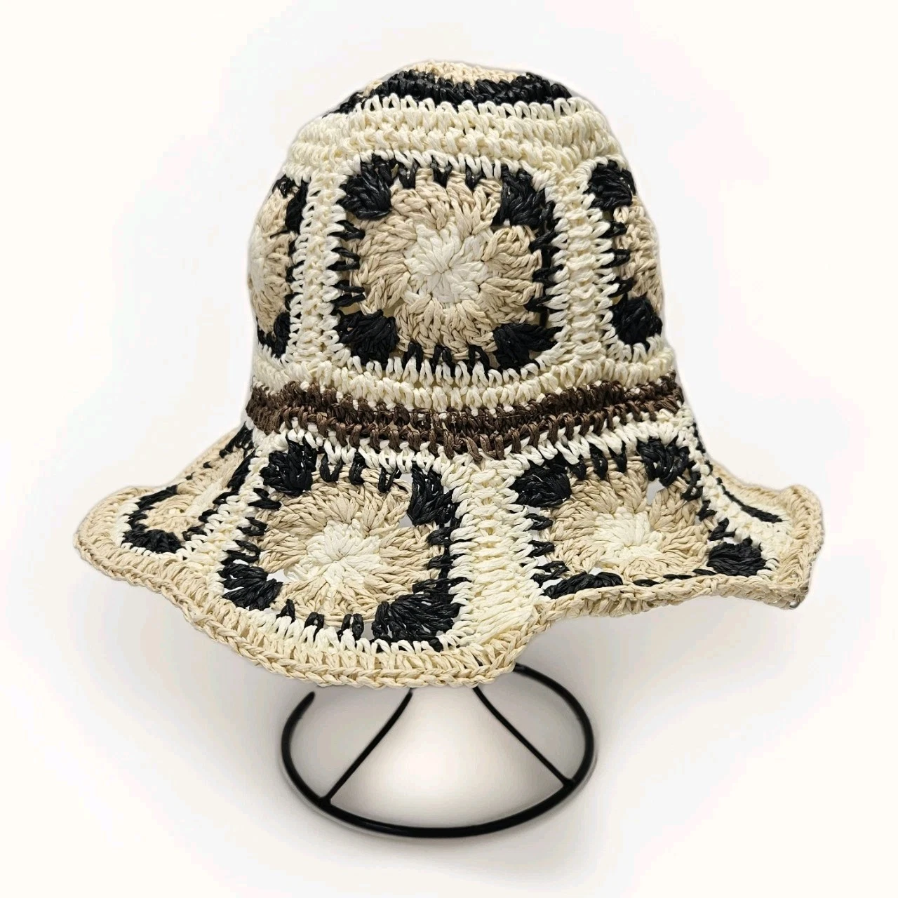 Vtg 70s Floppy Straw Bucket Hat Beach Boho Flowers Hat Grannycore Festival