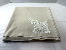 Tan Taupe Cotton Percale Tablecloth Embroidered Corner Cutwork 59" X 118"