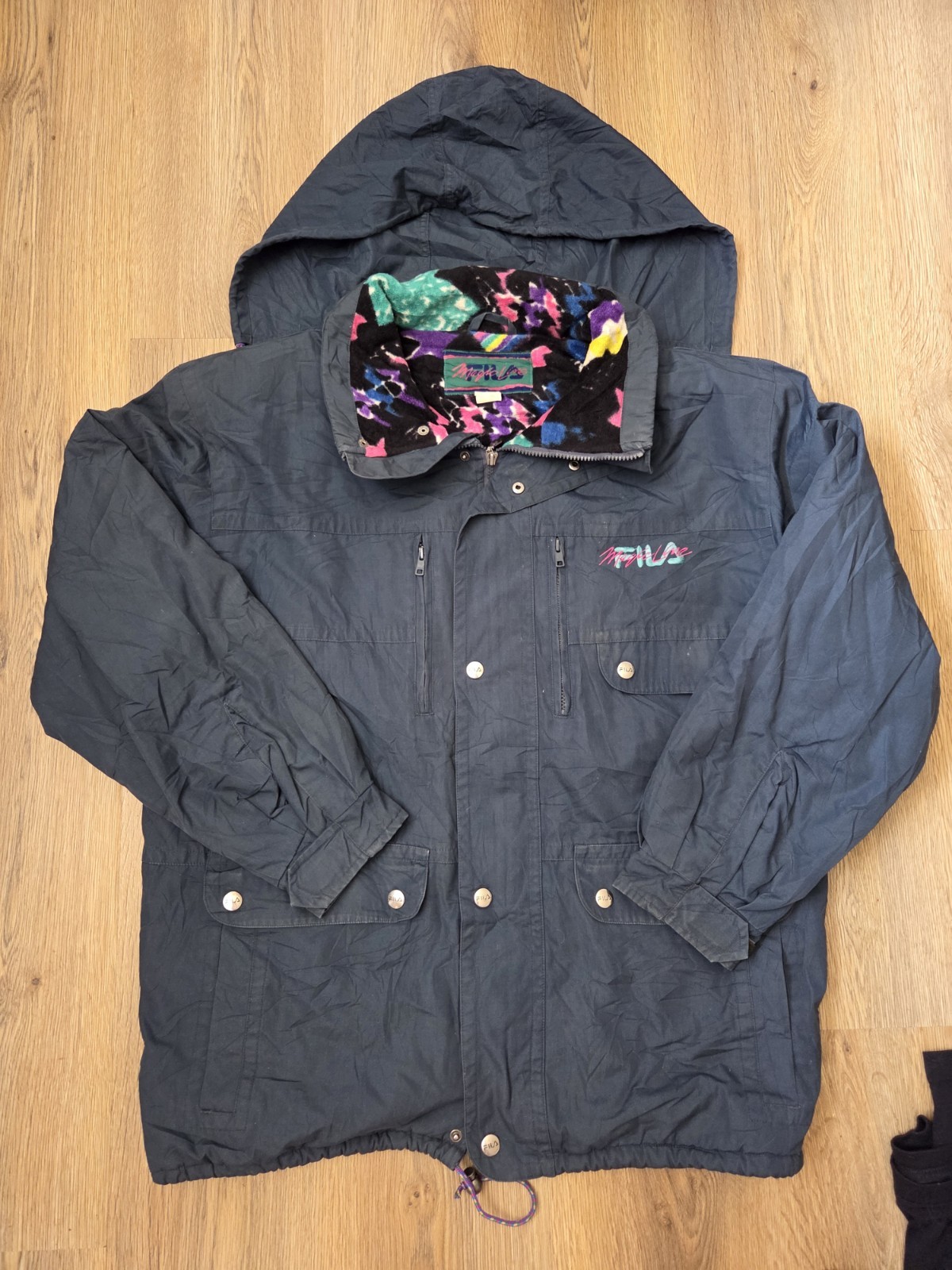 Giacca Fila Magic Line foderata in pile anni 90 retrò blu uomo XXL cappuccio confezionabile
