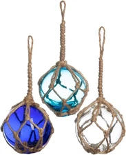  Japanese Glass Fishing Floats - 3-inch Cobalt Blue and White (3-Piece Set) 