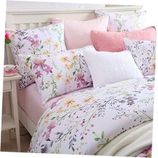 Garden Style Floral Duvet Cover King Size Set Green Flower Leaf 3pc-King White