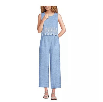 Lands End Women's 18W Plus Linen Sleeveless Embroidered Jumpsuit Blue Eyelet