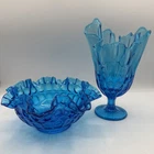 Fenton Thumbprint Colonial Blue Handkerchief Vase & Ruffled Dish
