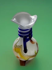 MCM Murano Handblown Glass Pitcher/Vase. Milky White With Blue Wrap Handle. EC.