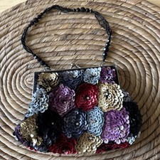 Vintage EBISU Sequin And Crystal Satin Clutch Floral Evening Bag Handbag