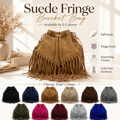 Echt Wildleder Fransen Tasche Damen Leder Kordelzug Crossbody Schulter Handtasche Boho