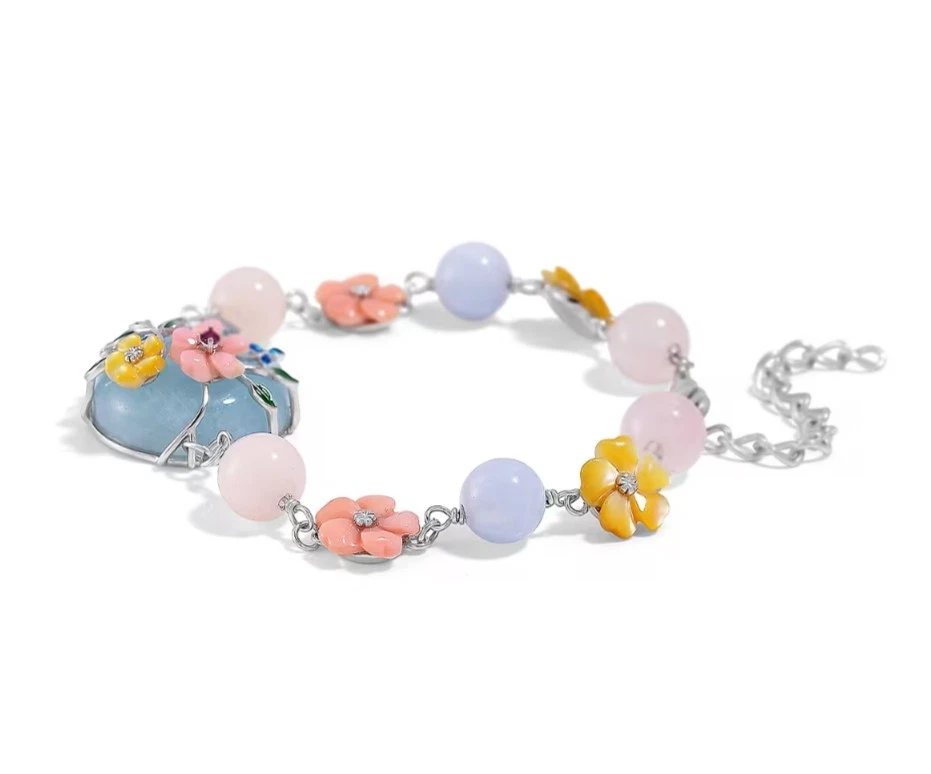 Pulsera floral mangoro aguamarina y múltiples piedras preciosas 43,10 ctw rodio sobre plata Foto 4 de 4