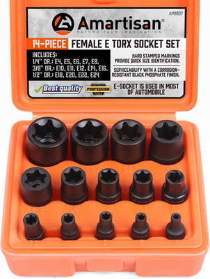 14 Pc Female E-Torx Star Socket Set/Rail, 1/4'' 3/8'' 1/2'' Drive, E24 External Tor