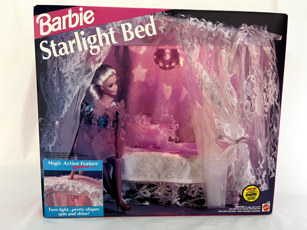 Vintage Barbie Doll Starlight Canopy Pink Bed Lights up Lace