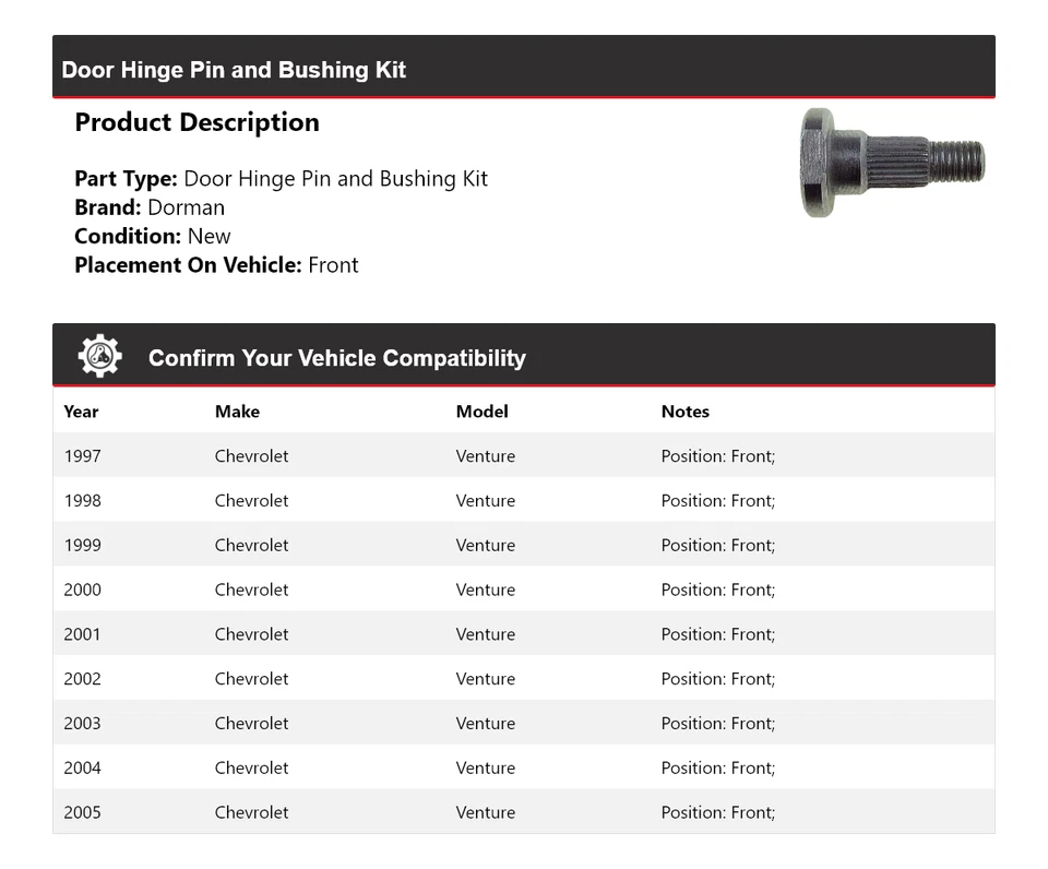 For 1997-2005 Chevrolet Venture Dorman Door Hinge Pin and Bushing Kit Front 1998 - Image 2 of 4