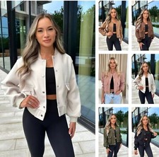 Women Long Sleeve Button up Short Varsity Cropped Bomber Ladies Jacket Coat Top