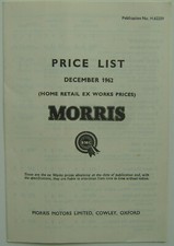 Morris Mini Minor Minor 1100 Oxford inc Vans Price List 1962 December