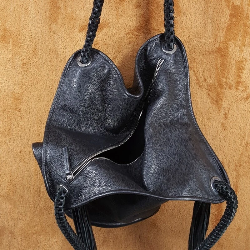 ZARA Mujer Bolso de Mano Cuero Negro Grande Hobo Bolso de Hombro Bolso Borla Foto 4 de 4