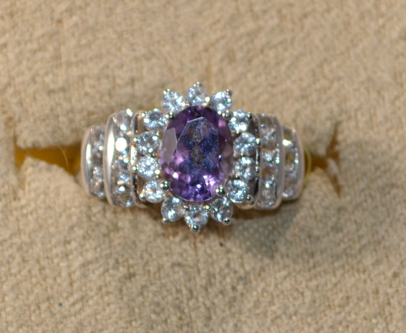 BAHIA AMETHYST OVAL - WHITE TOPAZ HALO - RING SIZE 6 - PLATINUM/STERLING SILVER