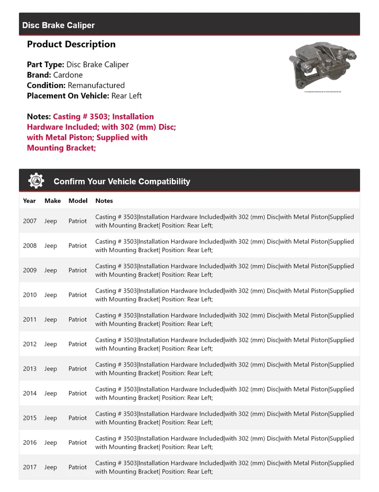 Pinza de freno de disco trasera izquierda Cardone 2008 2009 2010 para Jeep Patriot 2007-2017 Foto 2 de 4