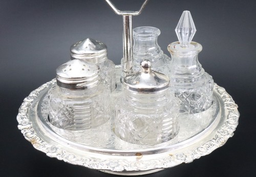 Condiment Stand Caddy Silver Color Metal Lazy Susan Glass Containers - Picture 2 of 12