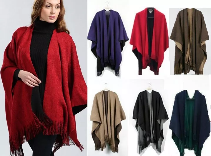 UK Women Ladies Side Split Tassel Winter Shawl/Cape//Poncho/Scarf