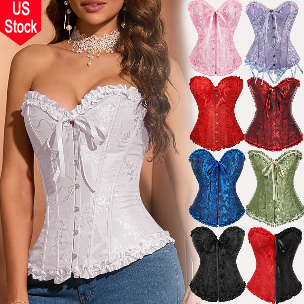 Women Lace Up Boned Bustier Corset Overbust Burlesque Top Lingerie