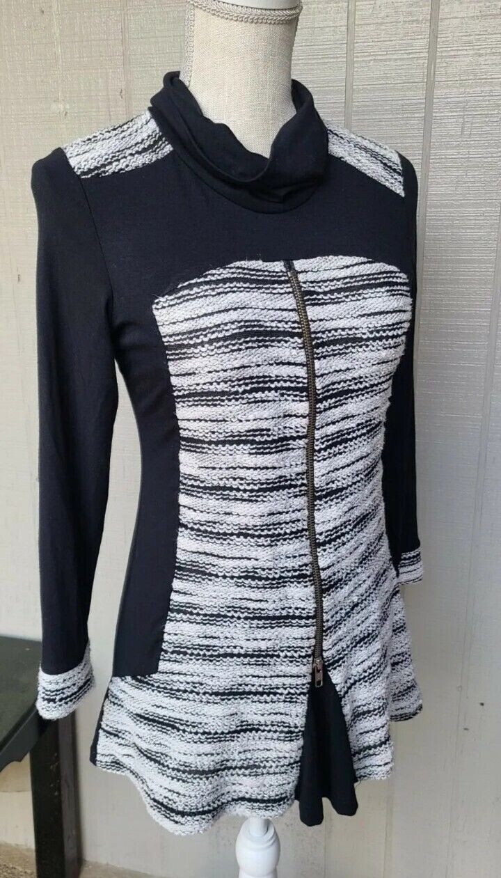 Boho Top Small Patchwork Tunic Black Grey Zip Acc… - image 1