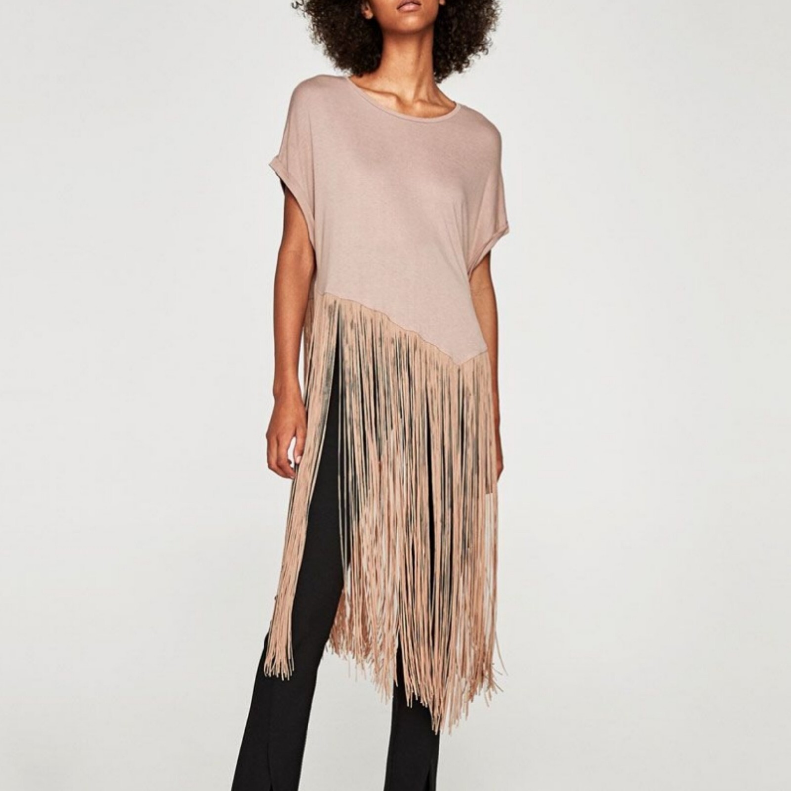 Zara knee length tassel fringe crop top longline nude pink beige s t shirt  | eBay