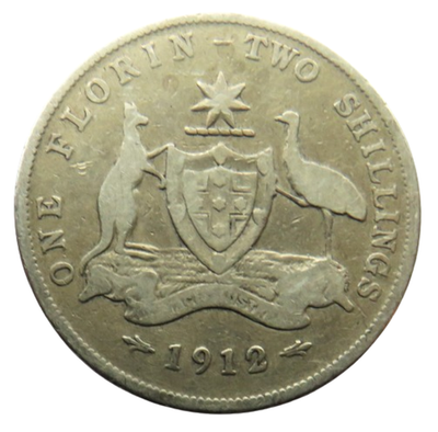 1912 King George V Australia Silver Florin / Two Shillings Coin