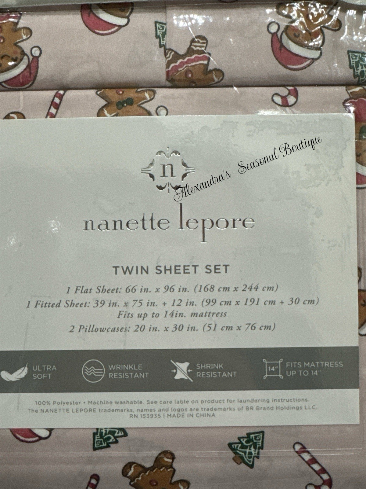 Nanette Lepore Shabby Chic Christmas 4 PC Twin Sheet Set Gingerbread Candy Cane