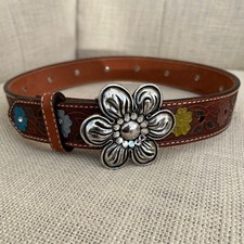 NOCONA Western Style Tooled Girl's Belt Flower Buckle Rhinestones Flowers Rodeo