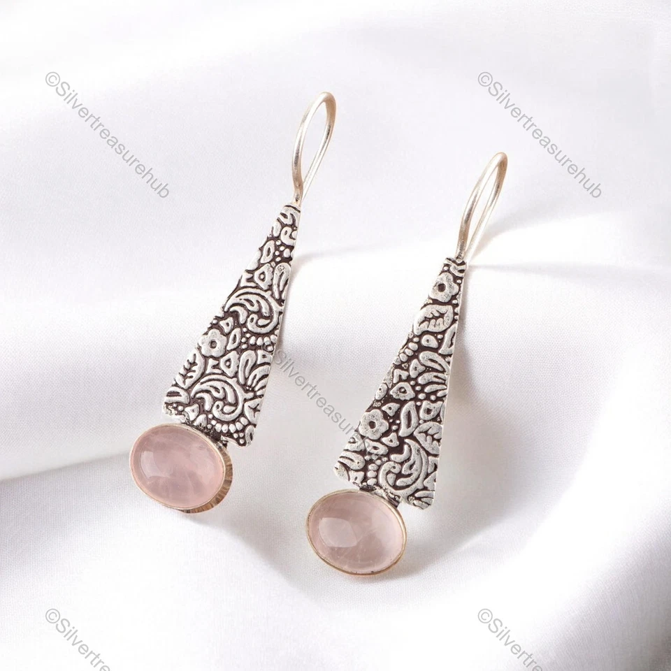 Pendientes colgantes de plata de ley ovalados de piedra de cuarzo rosa chakra corazón piedra madre Foto 3 de 4