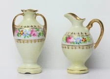 Pair of Antique Noritake Dollhouse Porcelain Vase and Ewer Painted Miniature