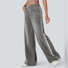 NWT Halara Flex High Waisted Stripe Wide Leg Flowy Washed Casual Jeans Size MR