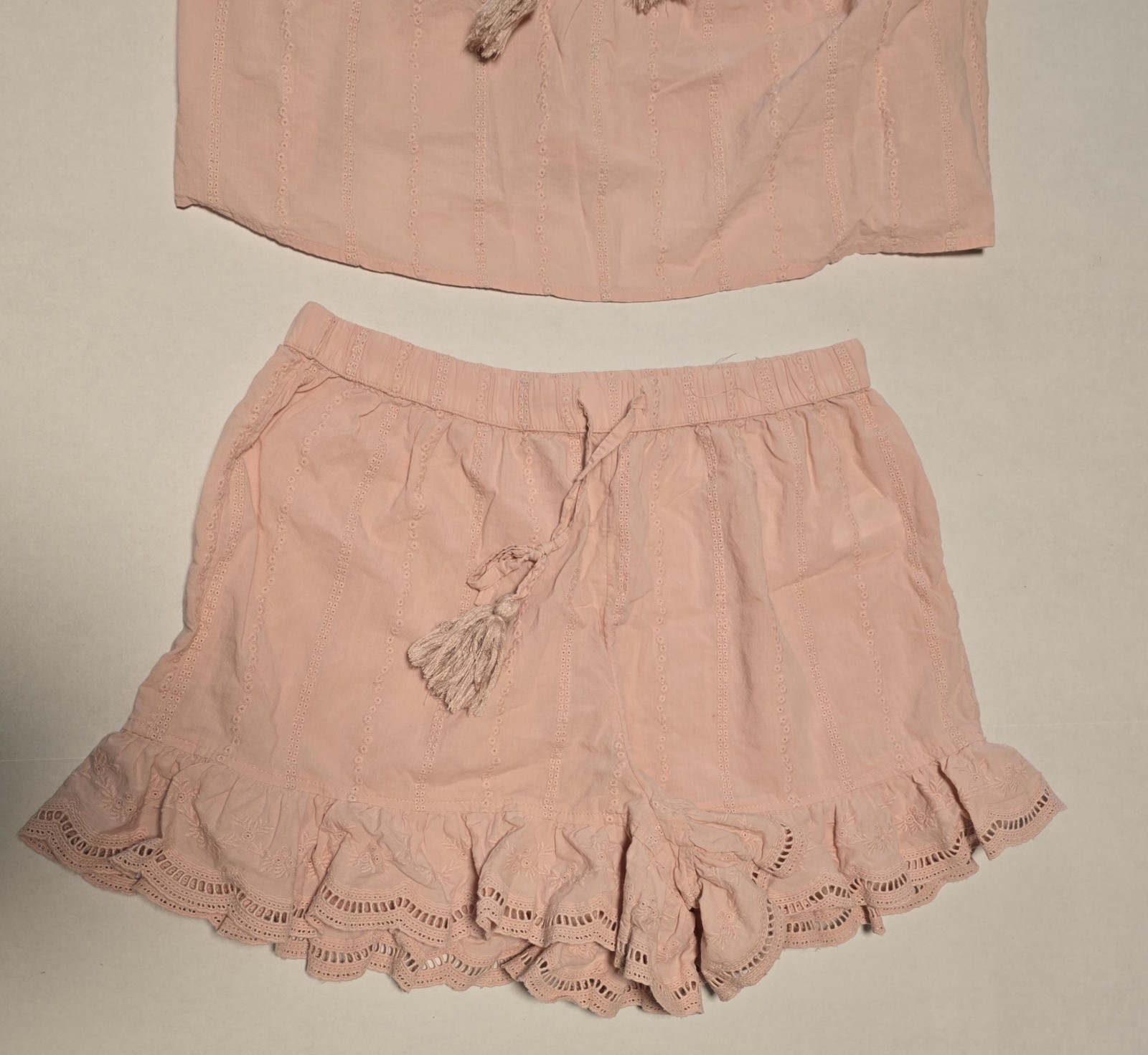 Shabby Chic Womens 2 Piece Pajama Set Size M Pink Eyelet Ruffle Cotton Babydoll