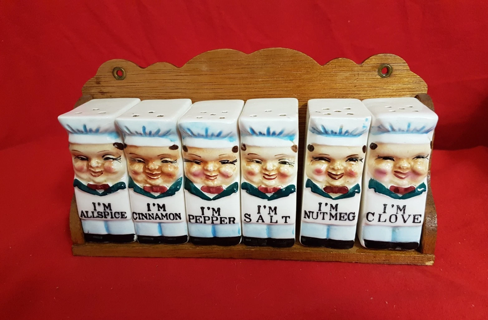 Vintage "Royal Seal" Chef Character Spice Bottles in Wooden Rack. Made In Japan