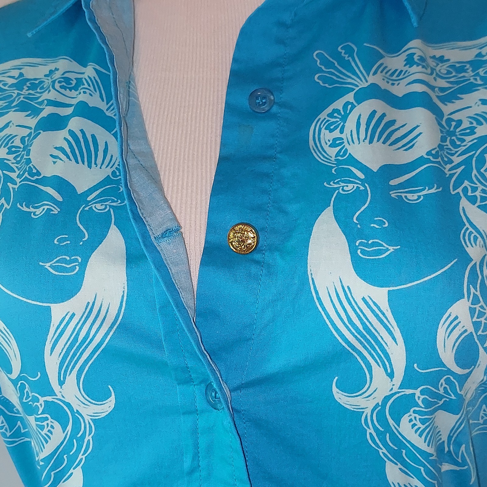✅️Ed Hardy By Christian Audigier Turquoise Button Down Shirt Women's Size XS image 8