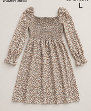 SHEIN Women Floral Smocked Square Neck Puff Sleeve A-Line Short Dress L Brown