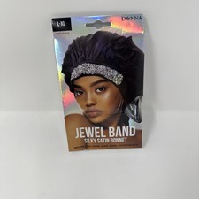 Donna JEWEL BAND Silky Satin Bonnet Jewel Band Adjustable Tie BLACK - L / XL NEW