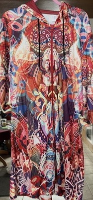 Rita Pfeffinger Hauskleid Longjacke Kapuze bunt Gr 44 46 HSE Reißverschluss