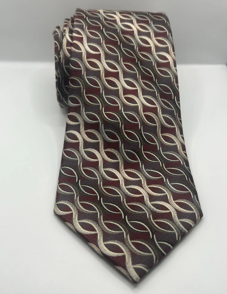 Corbata Croft & Barrow para hombre 100 % poliéster granate y bronceado diseño cuadrado geométrico Foto 2 de 4