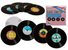 NOVELTY RETRO VINYL RECORDS DJ SET OF 4 GLASS DRINKS TABLE COASTERS MATS