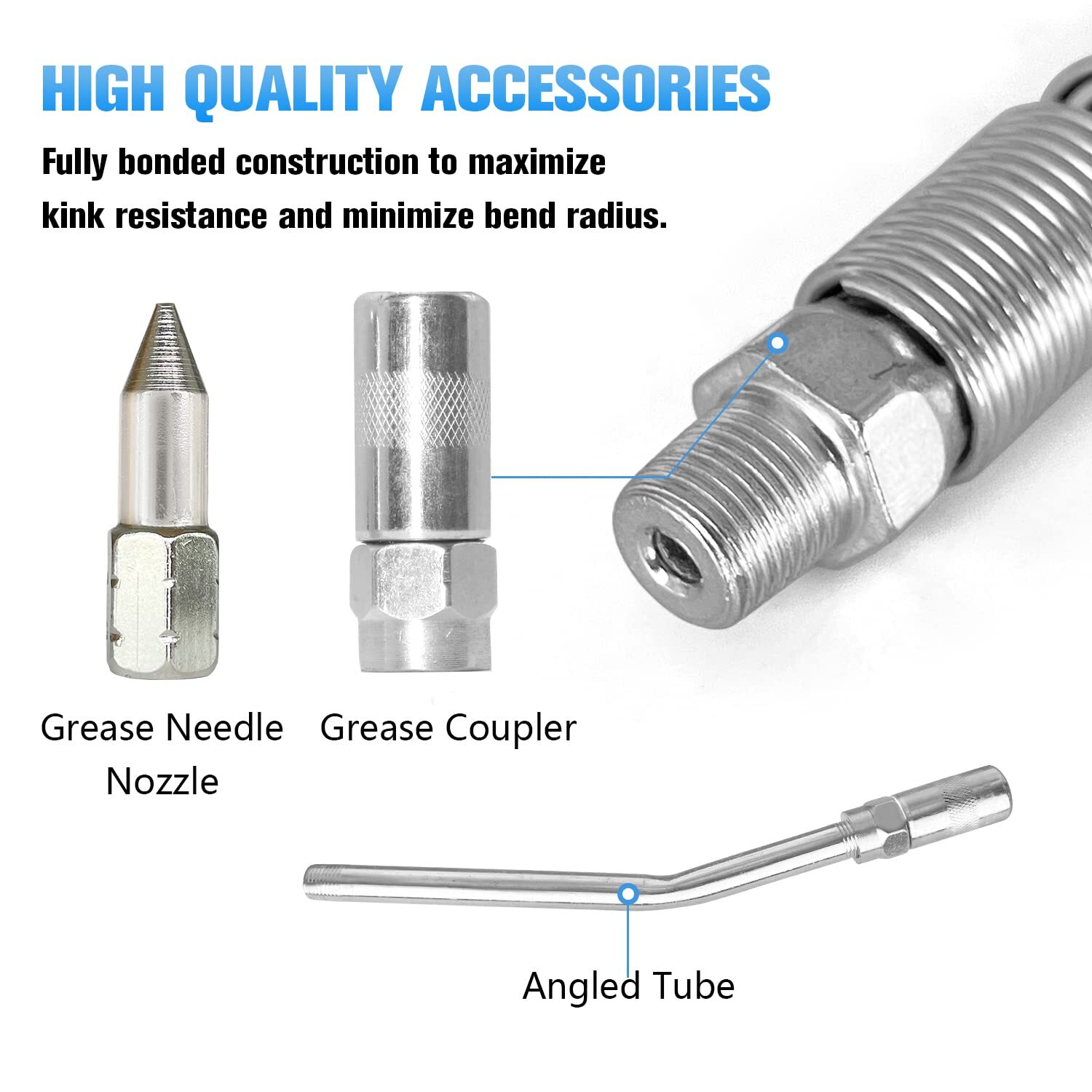39" Grease Gun Hose,4Pcs Grease Gun Accessories Kit Includes,1pcs 6" Angled Tube
